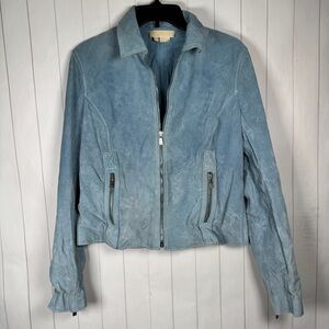Michael Kors Italy Suede Leather Light Blue Moto Jacket Chic Biker Streetwear 8